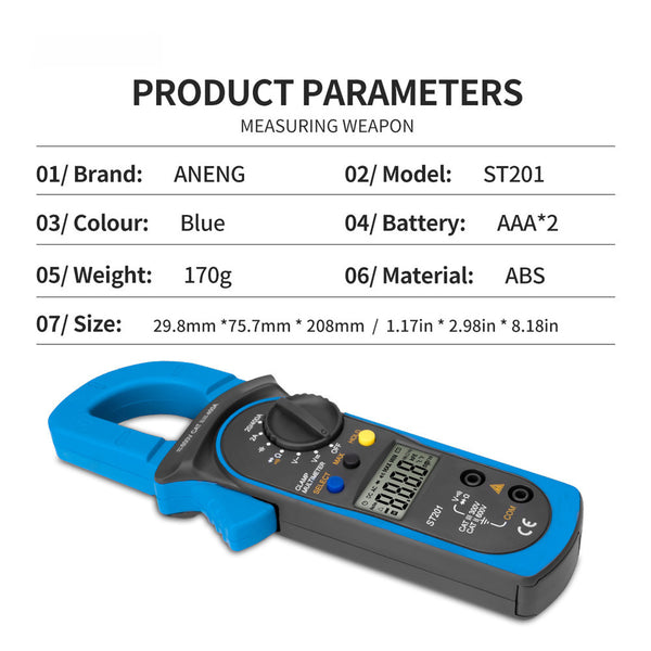 ST201 Automatic Digital Multimeter DC/AC Voltage Resistance Diode Tester  Clamp Meter(Blue)