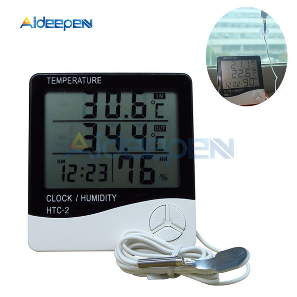 LCD Electronic Digital Temperature Humidity Meter Monitor Indoor Outdoor Thermometer Hygrometer Weather Station Clock HTC 2