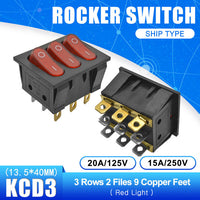 1pcs KCD3 On Off 3 Rows 9 Pin Light Boat Car Rocker Switch KCD3 Triple Light Switch Red Button Switch 15A 250V 20A 125V AC